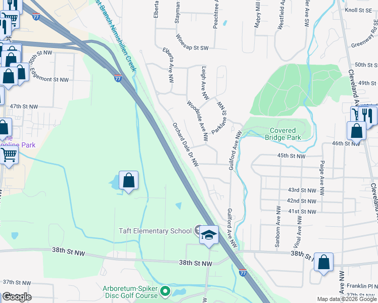 map of restaurants, bars, coffee shops, grocery stores, and more near 4516 Orchard Dale Drive Northwest in Canton