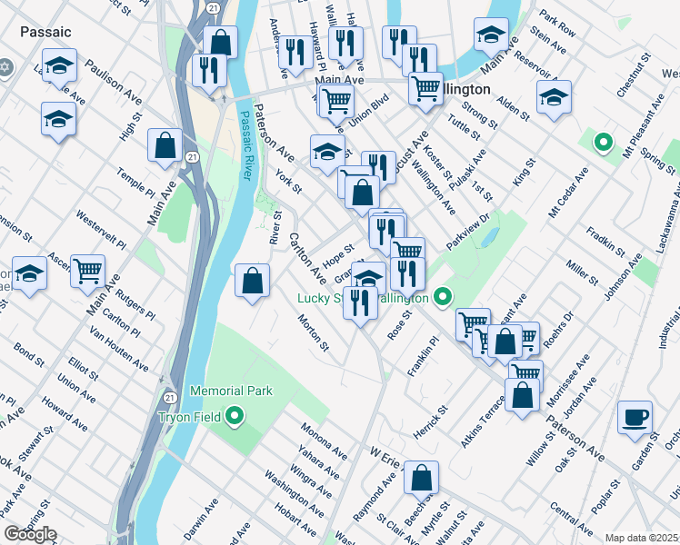 map of restaurants, bars, coffee shops, grocery stores, and more near 41 Grant Street in East Rutherford