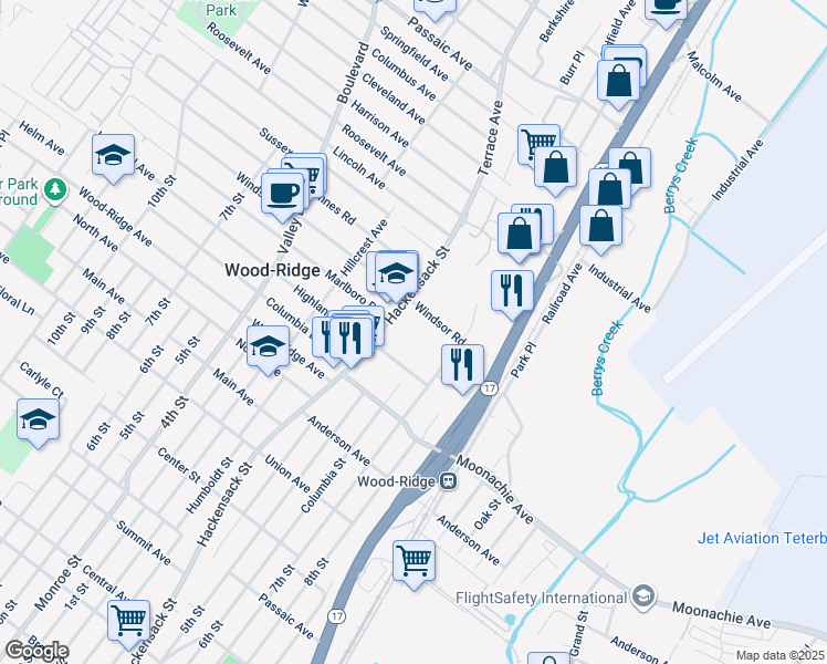 map of restaurants, bars, coffee shops, grocery stores, and more near 540 Windsor Road in Wood-Ridge
