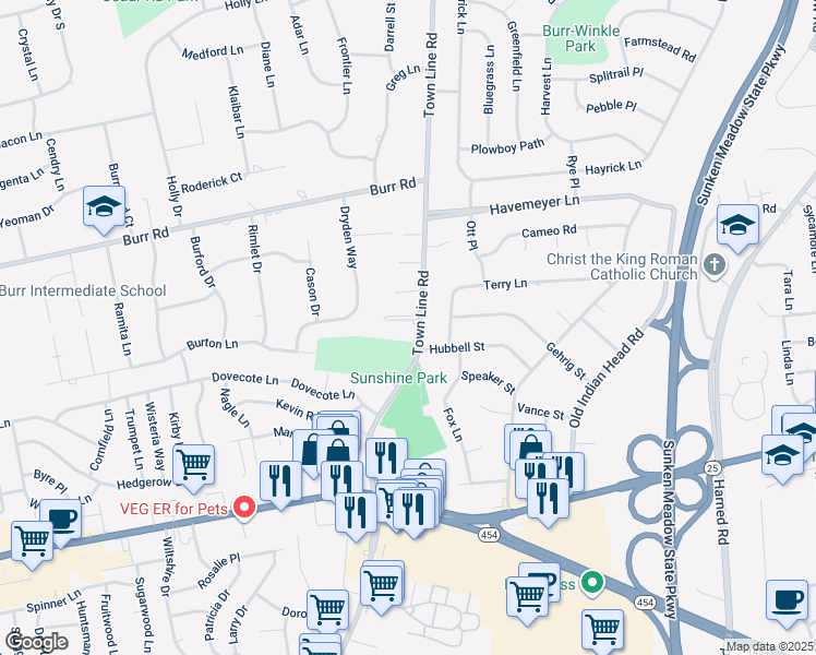 map of restaurants, bars, coffee shops, grocery stores, and more near 433 Town Line Road in Commack