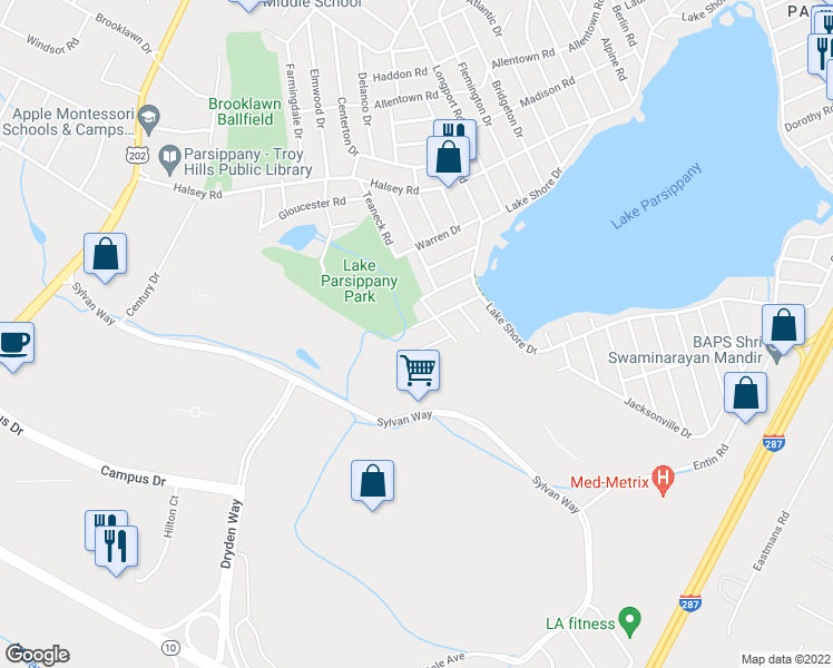 map of restaurants, bars, coffee shops, grocery stores, and more near 67 Chesterfield Road in Parsippany-Troy Hills