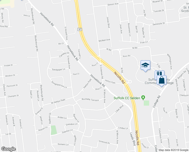 map of restaurants, bars, coffee shops, grocery stores, and more near 171 Horseblock Road in Centereach