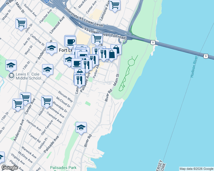 map of restaurants, bars, coffee shops, grocery stores, and more near 100 Old Palisade Road in Fort Lee