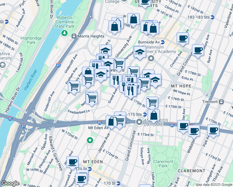 map of restaurants, bars, coffee shops, grocery stores, and more near 1692 Grand Avenue in Bronx