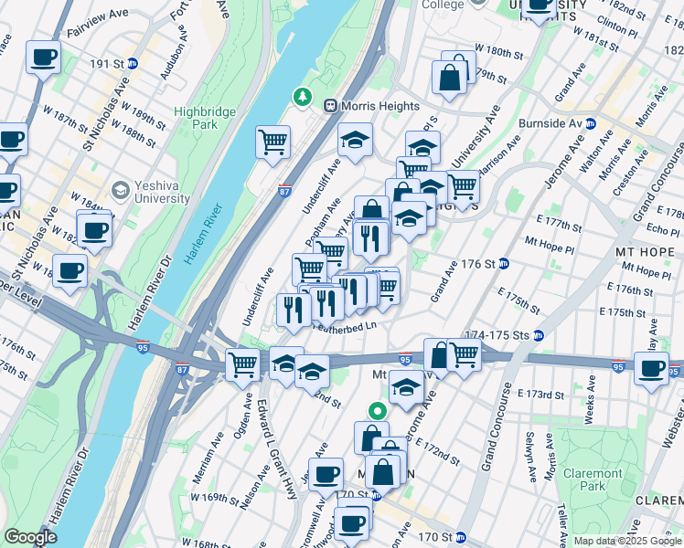 map of restaurants, bars, coffee shops, grocery stores, and more near 1644 Andrews Avenue South in Bronx