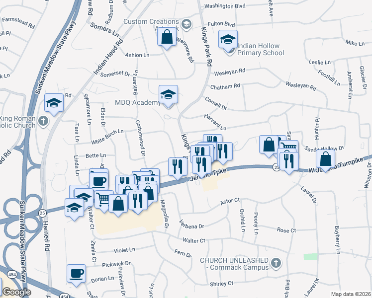 map of restaurants, bars, coffee shops, grocery stores, and more near 14 Kings Park Road in Commack