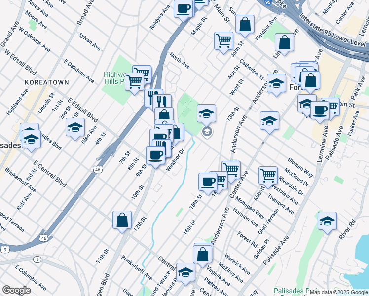 map of restaurants, bars, coffee shops, grocery stores, and more near 625 Windsor Dr in Palisades Park