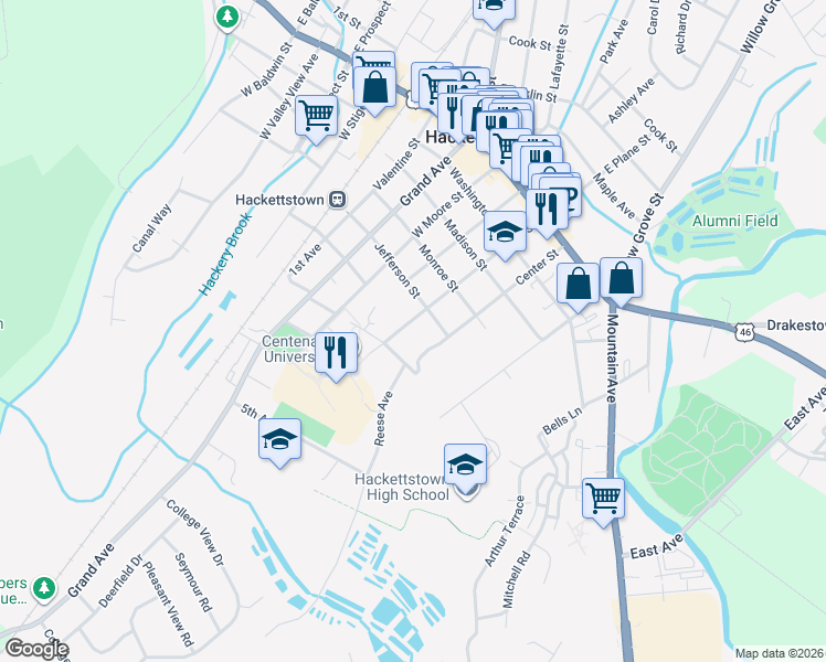 map of restaurants, bars, coffee shops, grocery stores, and more near 511 Plane Street in Hackettstown