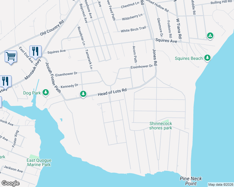 map of restaurants, bars, coffee shops, grocery stores, and more near 13 Head of Lots Road in East Quogue