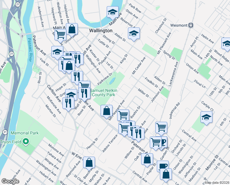 map of restaurants, bars, coffee shops, grocery stores, and more near 21 Geranium Place in Wallington