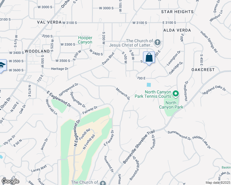 map of restaurants, bars, coffee shops, grocery stores, and more near 65 Monarch Drive in Bountiful