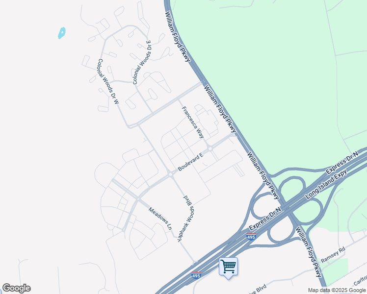 map of restaurants, bars, coffee shops, grocery stores, and more near Meadows Boulevard East in Yaphank