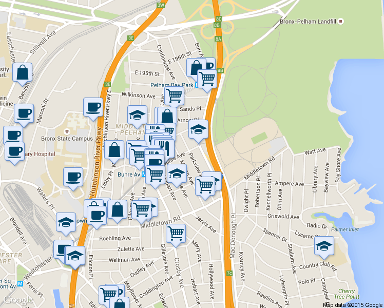 map of restaurants, bars, coffee shops, grocery stores, and more near 1750 Parkview Avenue in Bronx