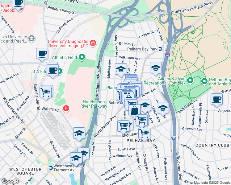 map of restaurants, bars, coffee shops, grocery stores, and more near 1819 Mayflower Avenue in Bronx