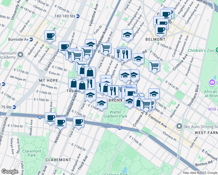map of restaurants, bars, coffee shops, grocery stores, and more near in The Bronx