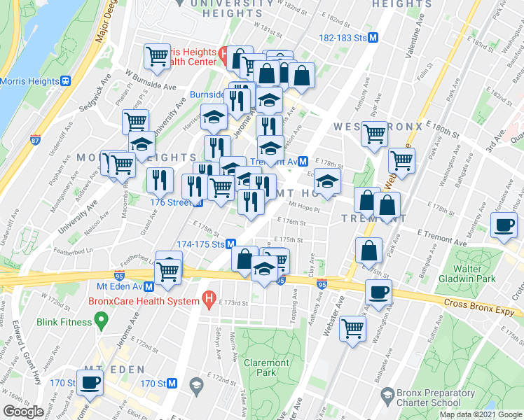 map of restaurants, bars, coffee shops, grocery stores, and more near 149 East 176th Street in Bronx