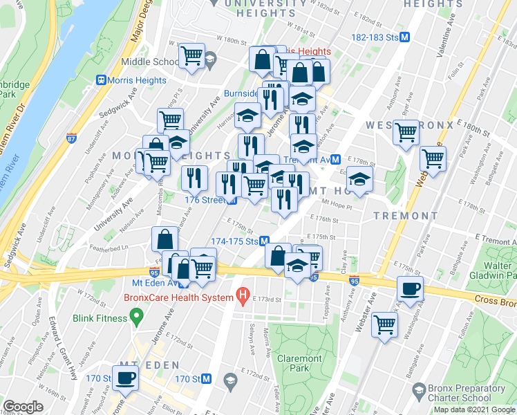map of restaurants, bars, coffee shops, grocery stores, and more near 1790 Walton Avenue in Bronx