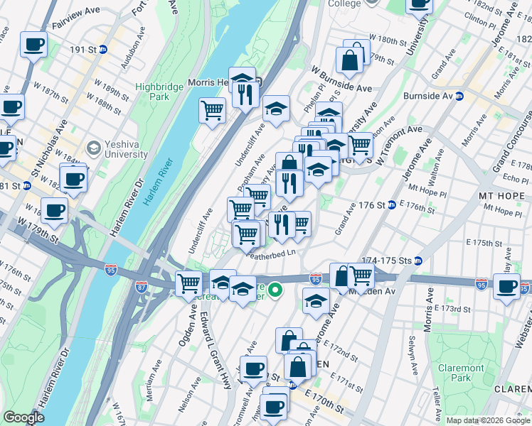 map of restaurants, bars, coffee shops, grocery stores, and more near in The Bronx