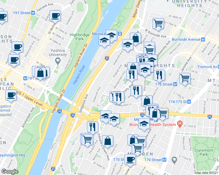 map of restaurants, bars, coffee shops, grocery stores, and more near 1500 Popham Avenue in Bronx