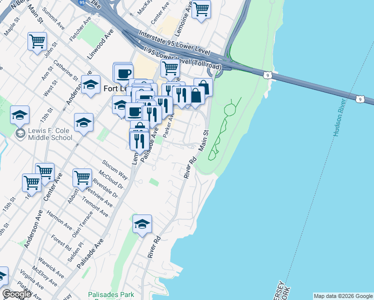 map of restaurants, bars, coffee shops, grocery stores, and more near 100 Old Palisade Road in Fort Lee