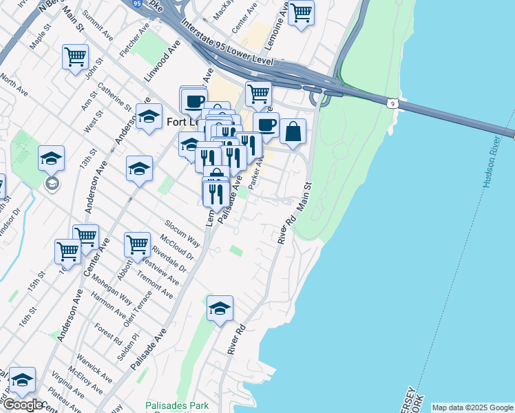 map of restaurants, bars, coffee shops, grocery stores, and more near 1600 Parker Avenue in Fort Lee