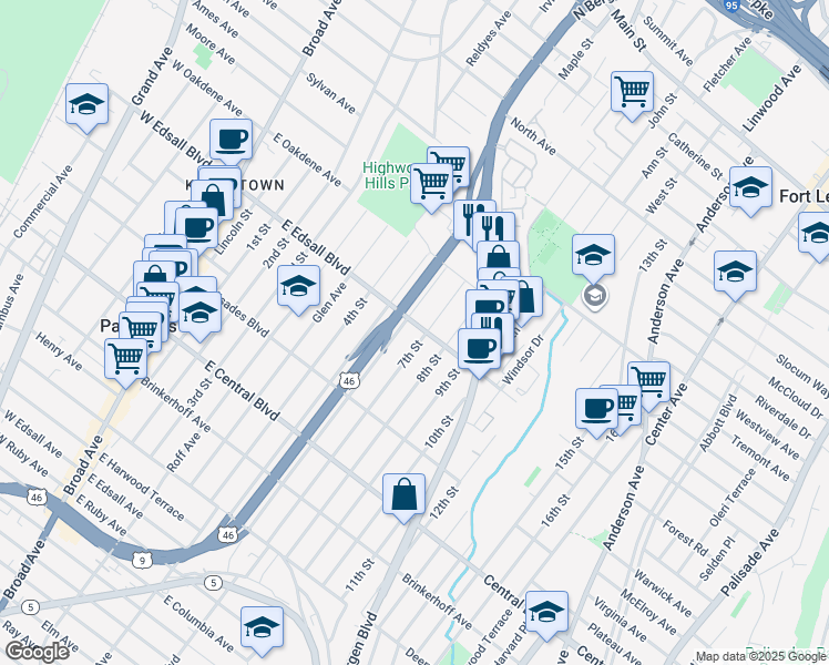 map of restaurants, bars, coffee shops, grocery stores, and more near 230 East Edsall Boulevard in Palisades Park