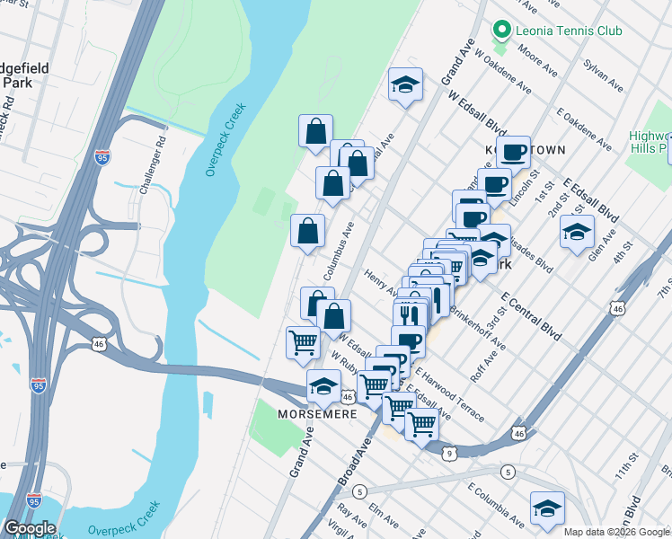 map of restaurants, bars, coffee shops, grocery stores, and more near 139 Columbus Avenue in Palisades Park