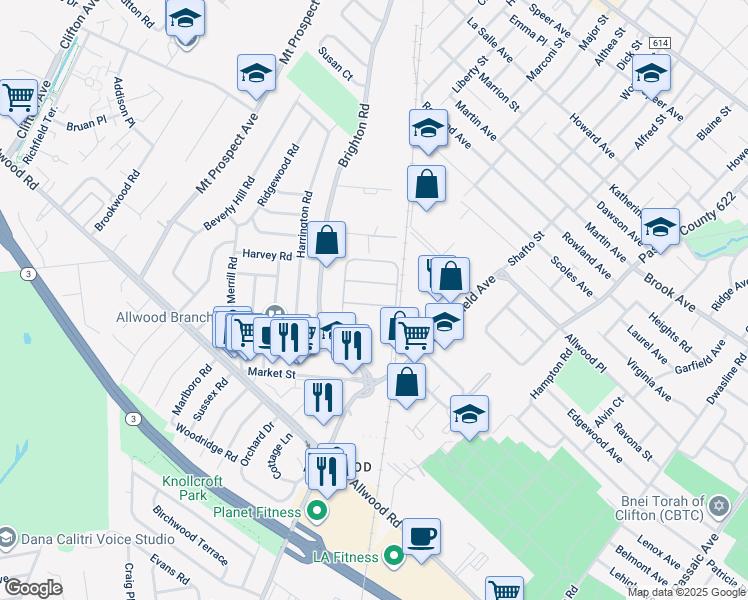 map of restaurants, bars, coffee shops, grocery stores, and more near 107 Mayer Drive in Clifton