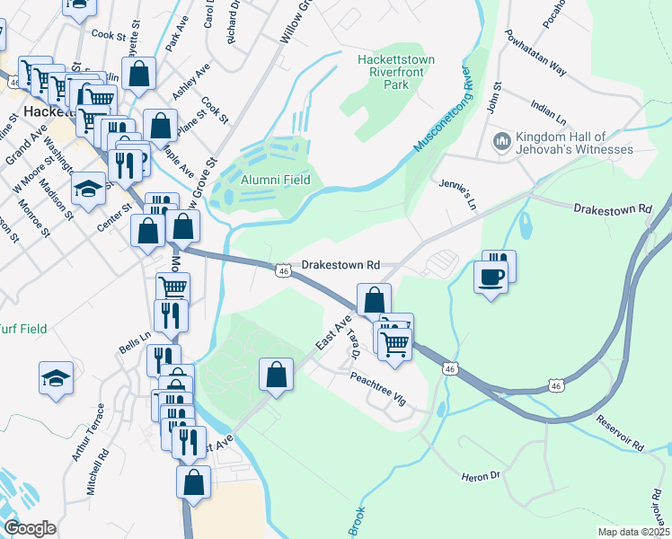 map of restaurants, bars, coffee shops, grocery stores, and more near 15 Drakestown Road in Hackettstown