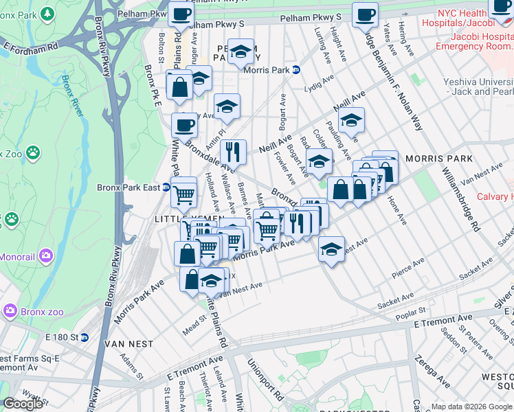 map of restaurants, bars, coffee shops, grocery stores, and more near 1868 Barnes Avenue in Bronx