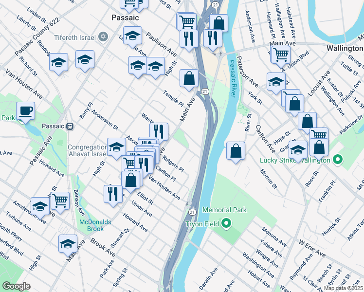 map of restaurants, bars, coffee shops, grocery stores, and more near 37 Westervelt Place in Passaic