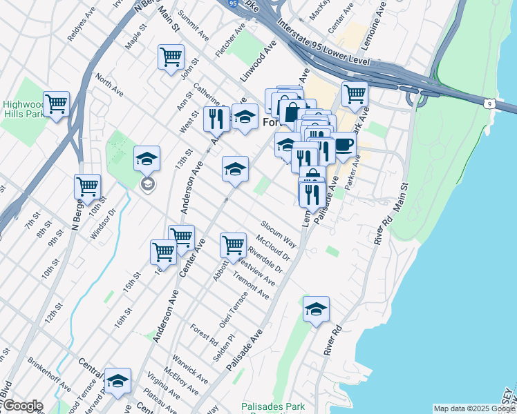 map of restaurants, bars, coffee shops, grocery stores, and more near 276 Tom Hunter Road in Fort Lee