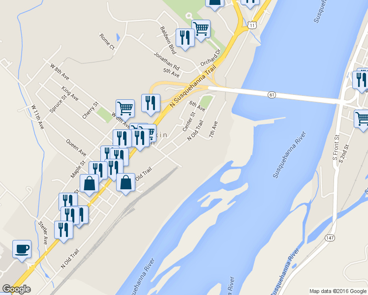 map of restaurants, bars, coffee shops, grocery stores, and more near 3486 North Old Trail in Shamokin Dam