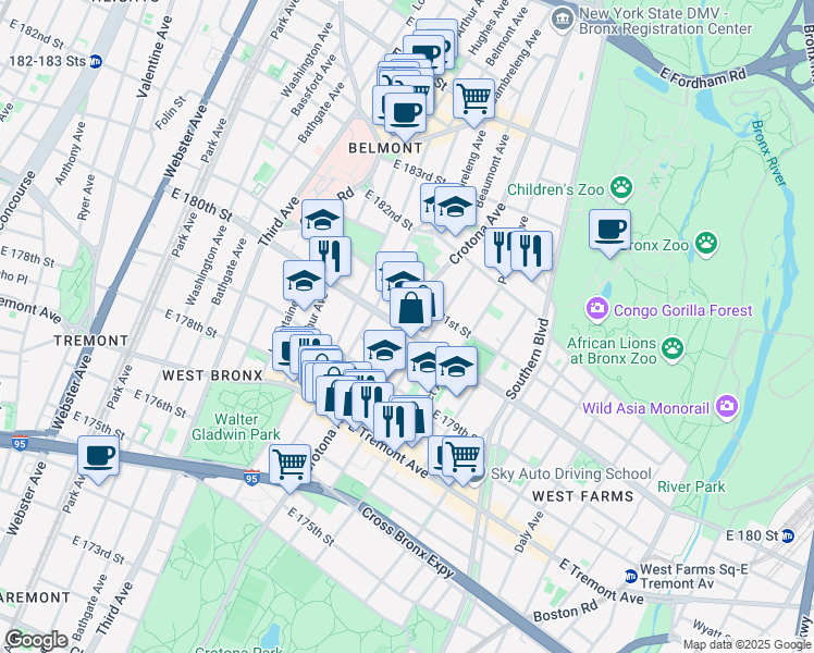 map of restaurants, bars, coffee shops, grocery stores, and more near 703 East 180th Street in Bronx