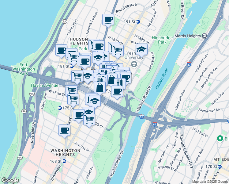 map of restaurants, bars, coffee shops, grocery stores, and more near 301 Audubon Avenue in New York