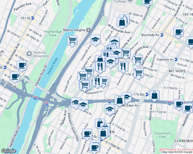 map of restaurants, bars, coffee shops, grocery stores, and more near 1670 University Avenue in Bronx