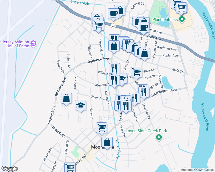 map of restaurants, bars, coffee shops, grocery stores, and more near 25 Niehaus Avenue in Little Ferry