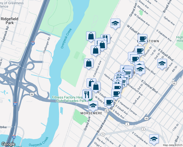 map of restaurants, bars, coffee shops, grocery stores, and more near 139 Columbus Avenue in Palisades Park