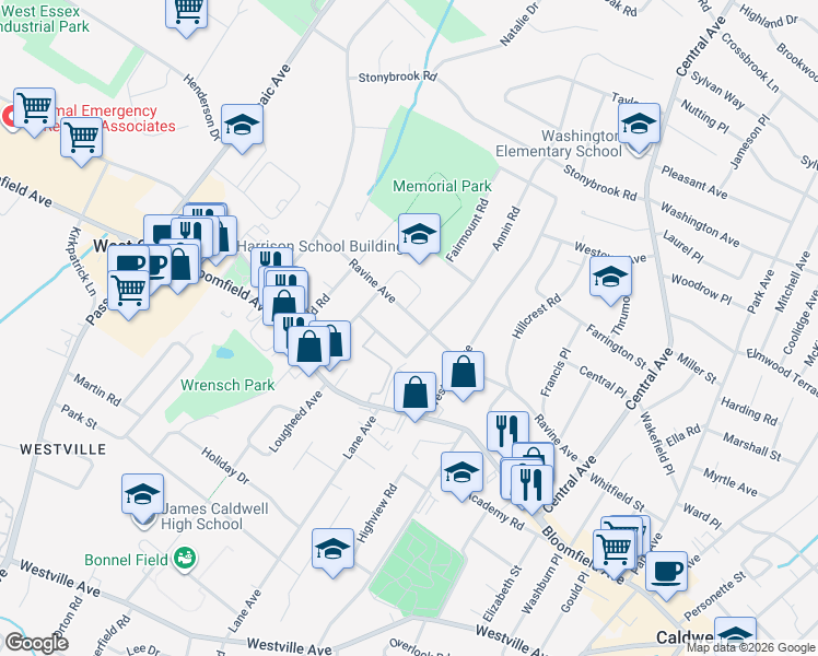 map of restaurants, bars, coffee shops, grocery stores, and more near 94 Ravine Avenue in West Caldwell