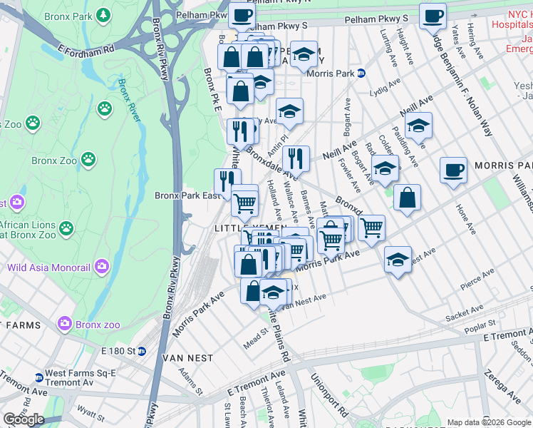 map of restaurants, bars, coffee shops, grocery stores, and more near 1908 Hunt Avenue in Bronx