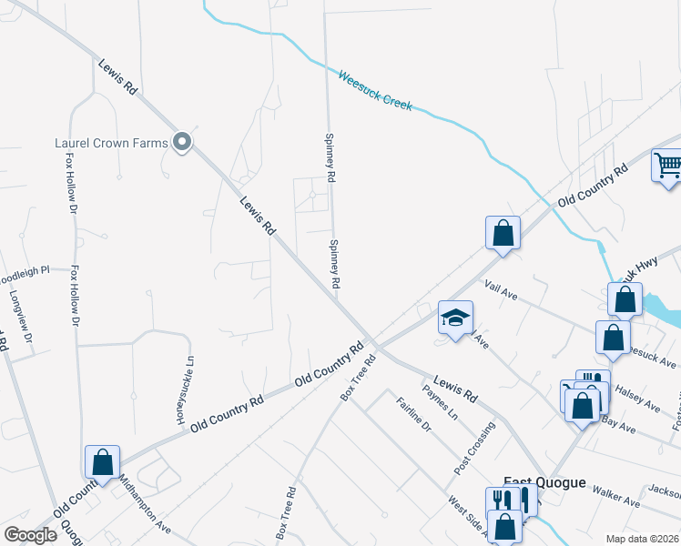map of restaurants, bars, coffee shops, grocery stores, and more near 143 Spinney Road in East Quogue
