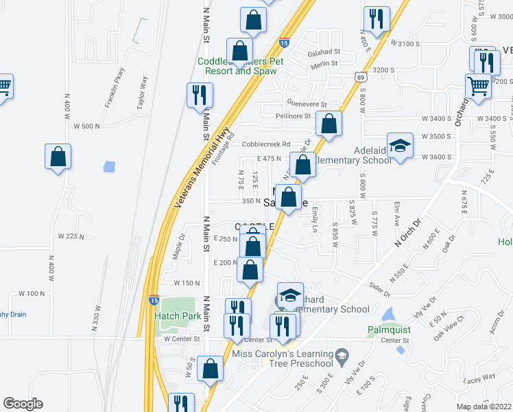 map of restaurants, bars, coffee shops, grocery stores, and more near 120 350 North in North Salt Lake