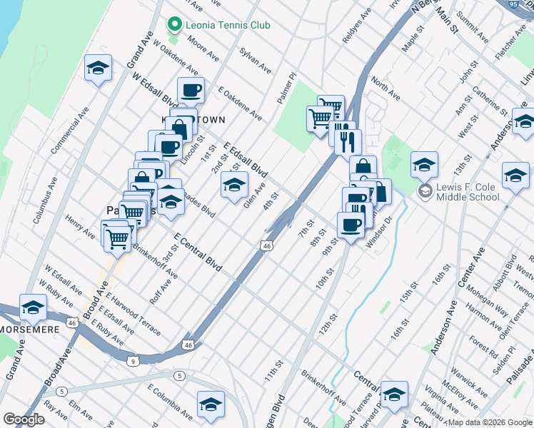 map of restaurants, bars, coffee shops, grocery stores, and more near 432 4th Street in Palisades Park