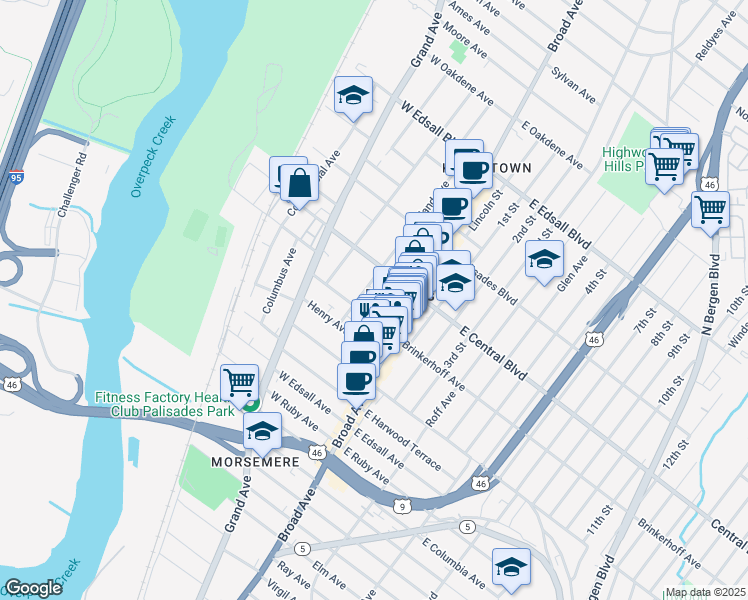 map of restaurants, bars, coffee shops, grocery stores, and more near 32B Cleveland Place in Palisades Park