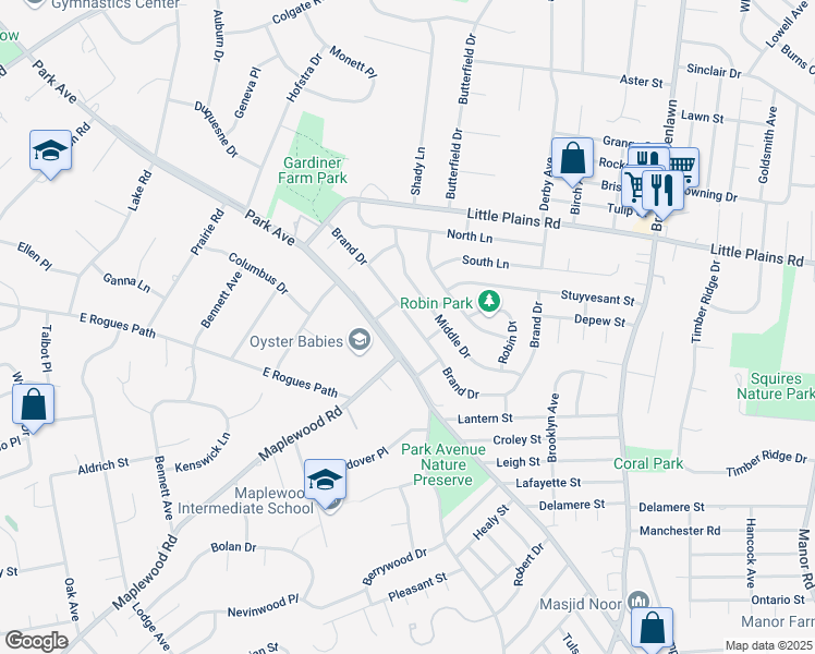 map of restaurants, bars, coffee shops, grocery stores, and more near 30 Brand Drive in Huntington