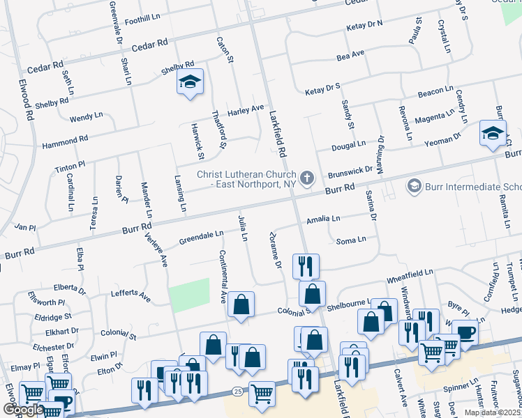 map of restaurants, bars, coffee shops, grocery stores, and more near 136 Burr Road in East Northport