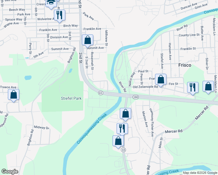 map of restaurants, bars, coffee shops, grocery stores, and more near 1345 Brentwood Avenue in Ellwood City