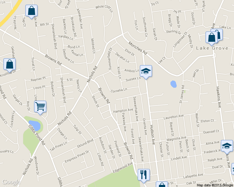map of restaurants, bars, coffee shops, grocery stores, and more near 22 Cornelia Lane in Lake Grove