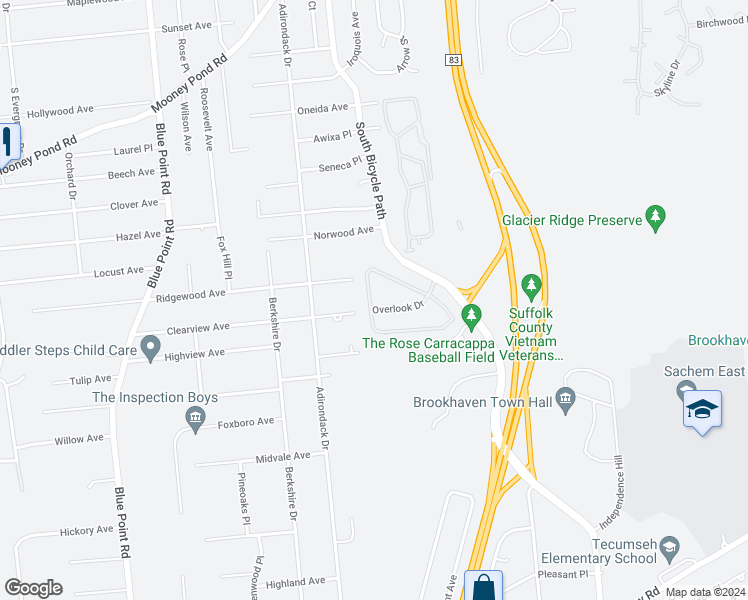 map of restaurants, bars, coffee shops, grocery stores, and more near 69 Overlook Drive in Farmingville