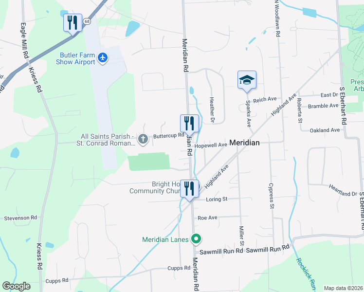 map of restaurants, bars, coffee shops, grocery stores, and more near 274 Meridian Road in Meridian